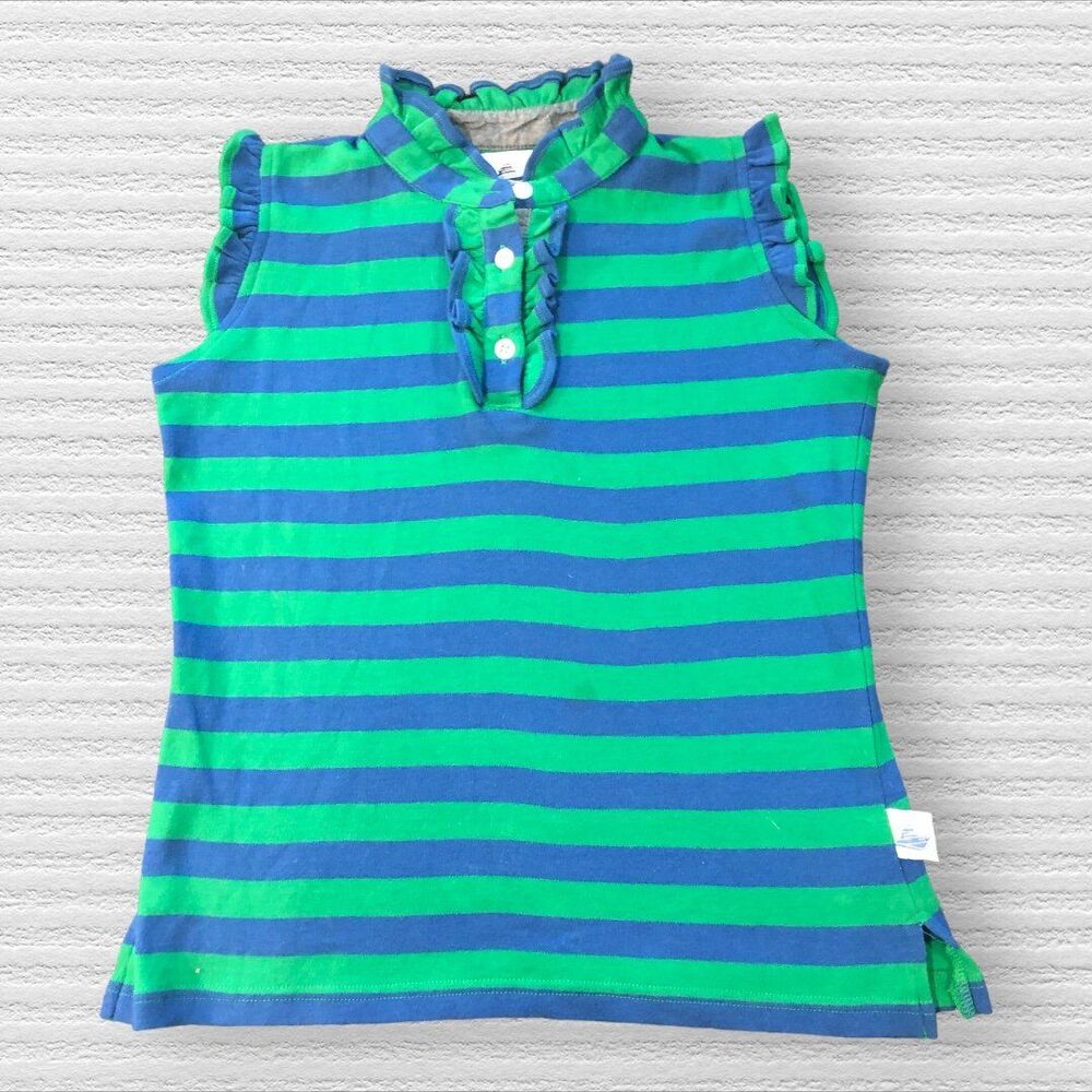 Southbound 8 Polo Ruffle Collar Blue Green Striped Sleeveless Blouse Top